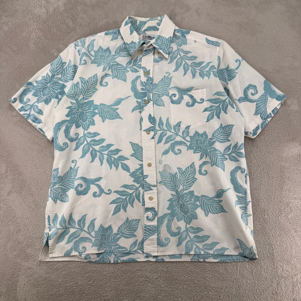 Reyn Spooner Mens Hawaiian Shirt Large White Blue Floral Preowned